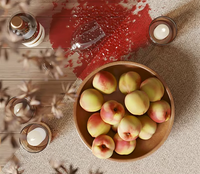 Fresh Peaches in Ceramic Bowl on Rustic Wooden Table with Candles and Wine Glass 3d model