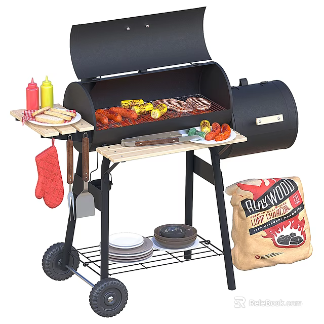 Outdoor Charcoal Grill With Grilled Chicken Burgers Veggies And Cooking Accessories 3d model 