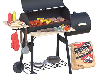 Outdoor Charcoal Grill With Grilled Chicken Burgers Veggies And Cooking Accessories 3d model