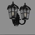 Classic Black Wall Lamps With Decorative Glass Shades Illuminated On Stone Wall