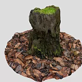 Old Tree Stump Covered With Green Moss Surrounded By Fallen Leaves 3d model
