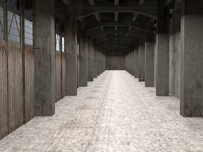 Cartoon Industrial Corridor Scene With Concrete Pillars Wooden Walls Long Aisle And Ceiling Beams 3d model