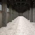 Cartoon Industrial Corridor Scene With Concrete Pillars Wooden Walls Long Aisle And Ceiling Beams