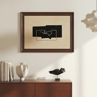Abstract Painting In Brown Frame With Black And White Geometric Shapes 3d model