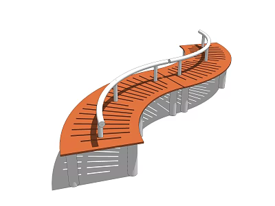 Modern Public Bench With Curved Design Wooden Seat And White Railings 3d model