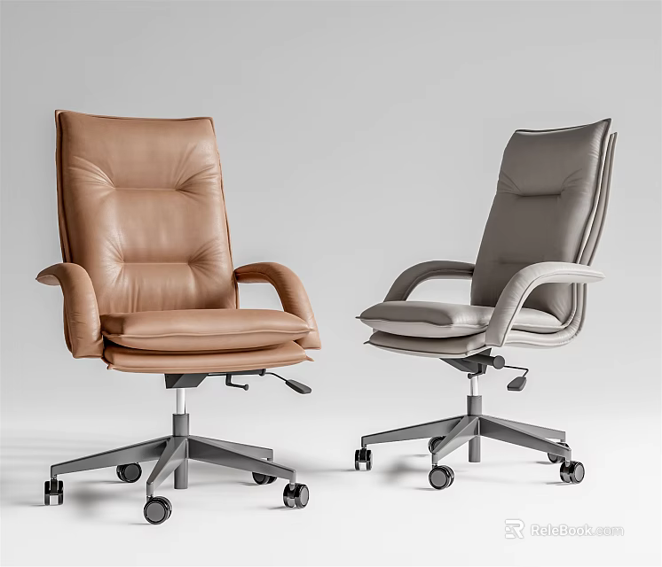 Modern Leather Office Chair with Armrests and Wheeled Base in Brown and Gray 3d model 