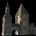 Ancient Architectural Building with Tower Spire Stone Walls and Arched Windows