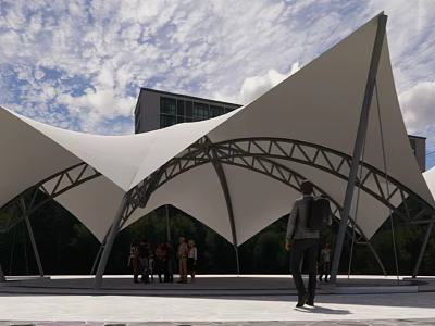 Modern Membrane Canopy With White Fabric Metal Frame Under Cloudy Sky Near Building People Gather 3d model
