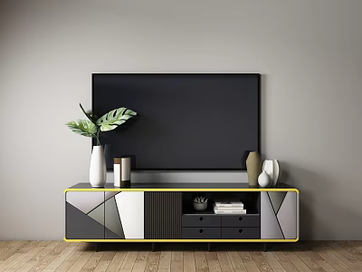 Modern Geometric TV Stand With TV Plant Vase And Decorative Items On Wooden Floor 3d model