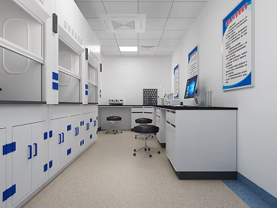 Clean Modern Laboratory With Cabinets Workbenches And Stools 3d model