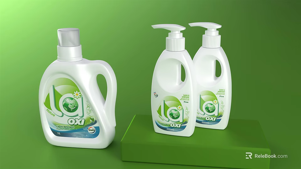 OAT Brand Household Washing Products With White Bottles Green Labels Including Detergent And Soap 3d model 