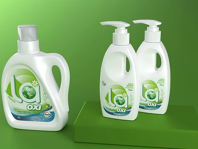 OAT Brand Household Washing Products With White Bottles Green Labels Including Detergent And Soap 3d model