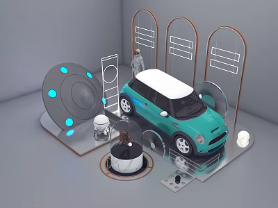 Showcase Shelf Display With Turquoise Car Model Circular Transparent Items And Curved Metal Frames 3d model
