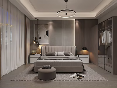 Modern Bedroom Interior With Soft Gray Bed Upholstered Headboard Nightstands And Round Pendant Light 3d model