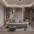 Modern Bedroom Interior With Soft Gray Bed Upholstered Headboard Nightstands And Round Pendant Light