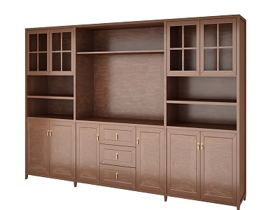 Brown Wooden Sideboard with Glass Doors Open Shelves Drawers and Golden Handles 3d model