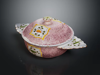 Pink Covered Serving Bowl With Decorative Yellow Flowers Green Leaves And Wing Shaped Handles 3d model