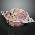 Pink Covered Serving Bowl With Decorative Yellow Flowers Green Leaves And Wing Shaped Handles