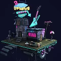 Cartoon Scene With 24h Cafe Neon Sign Green Guitar Old House And Platform Steps
