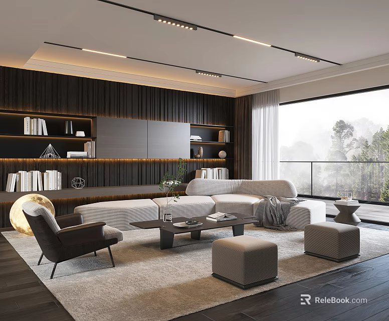 Modern Living Room Interior With Sofa Coffee Table Set Bookshelves Rug And Floor To Ceiling Windows 3d model 