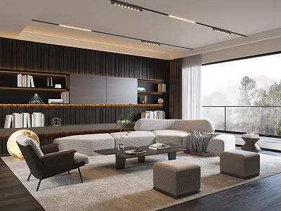 Modern Living Room Interior With Sofa Coffee Table Set Bookshelves Rug And Floor To Ceiling Windows 3d model