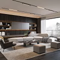 Modern Living Room Interior With Sofa Coffee Table Set Bookshelves Rug And Floor To Ceiling Windows