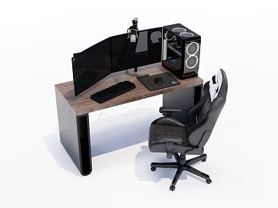 Functional Gaming Desk With Wooden Top Multiple Monitors Microphone Keyboard PC Tower And Ergonomic Chair 3d model
