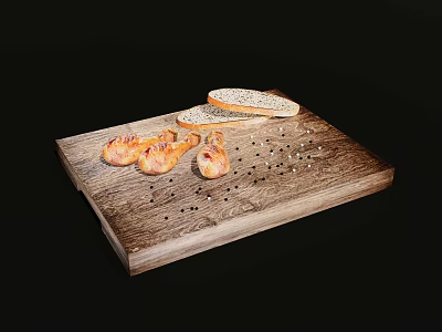 Roasted Chicken Drumsticks With Bread Slices On Wooden Cutting Board And Black Peppercorns 3d model
