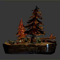 Vibrant Forest Landscape With Red Orange Trees Small Stream Rocks And Green Plants