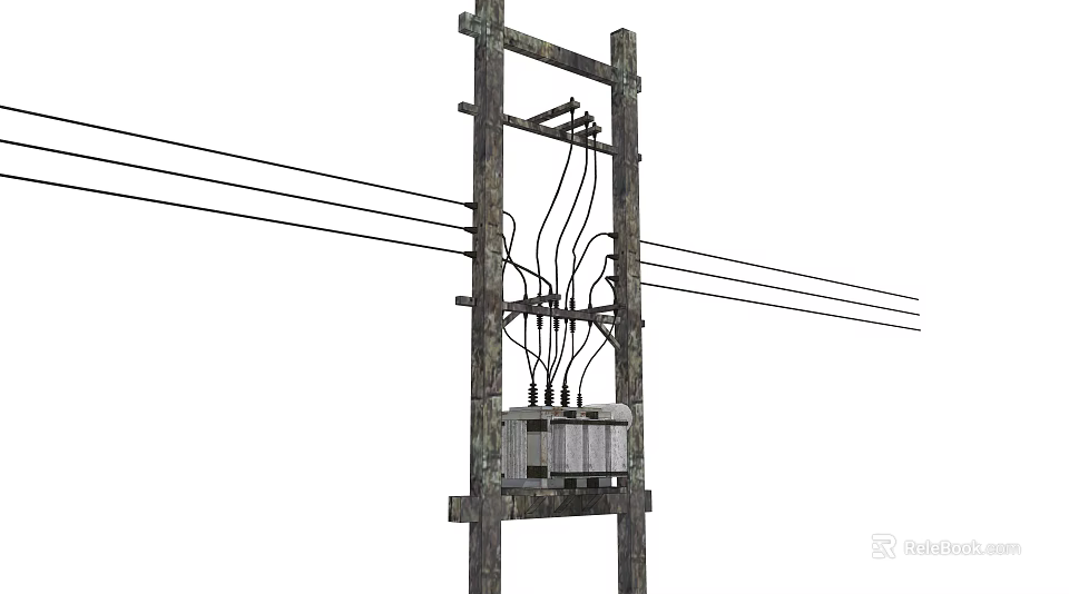 Wooden Utility Pole With Electrical Wires And Transformer For Roadside Infrastructure 3d model 