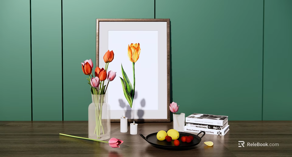Decorative Ornament Set With Tulips Framed Art Vase Fruit Plate Candles And Books 3d model 