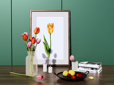 Decorative Ornament Set With Tulips Framed Art Vase Fruit Plate Candles And Books 3d model