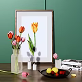 Decorative Ornament Set With Tulips Framed Art Vase Fruit Plate Candles And Books