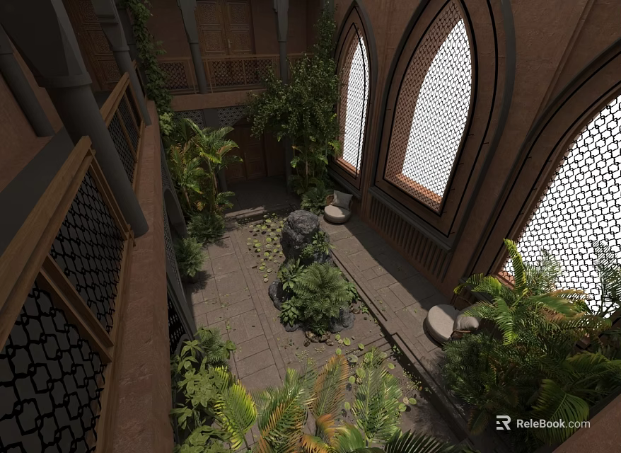 Beautiful Courtyard Garden With Arched Windows Lush Plants And Stone Floor 3d model 