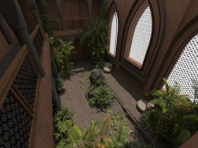 Beautiful Courtyard Garden With Arched Windows Lush Plants And Stone Floor 3d model