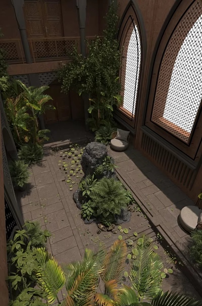 Beautiful Courtyard Garden With Arched Windows Lush Plants And Stone Floor 3d model