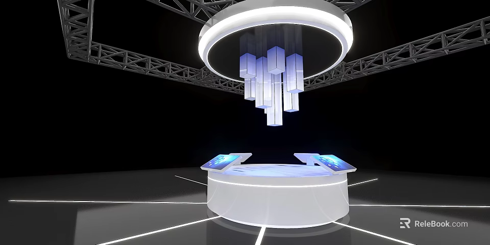 Modern Circular White Display Shelf with Ring Lighting Touch Screens and Blue Cube Decorations 3d model