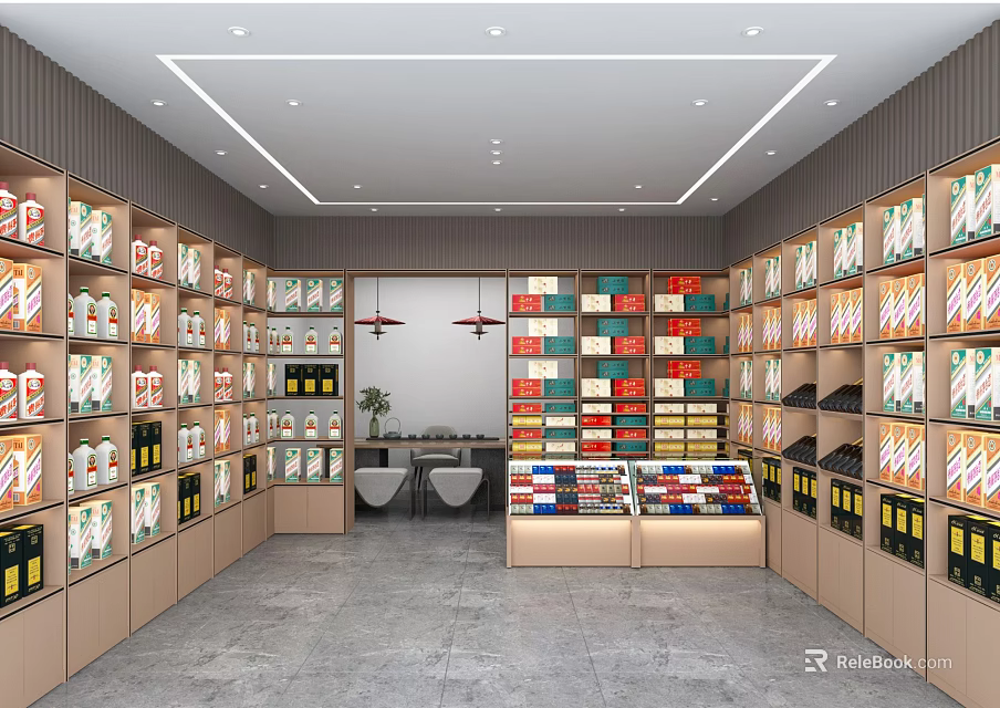 Tobacco and Alcohol Store Modern Interior With Well Arranged Shelves Various Products And Display Cabinets 3d model 