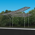 Modern Pergola with Metal Frame and Sloped Roof in Garden Surrounded by Trees