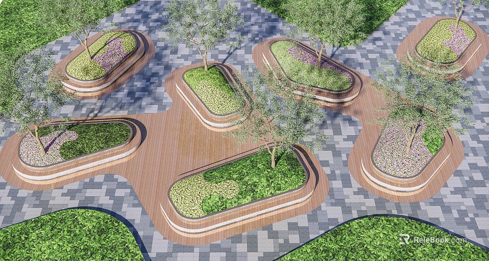 Arranged Tree Planters With Trees And Green Plants In Paved Landscape Design 3d model 