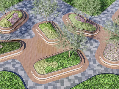 Arranged Tree Planters With Trees And Green Plants In Paved Landscape Design 3d model