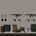 Wall Mounted Weapons Display with Firearms Knives Ammunition Crates Barrels and Boxes