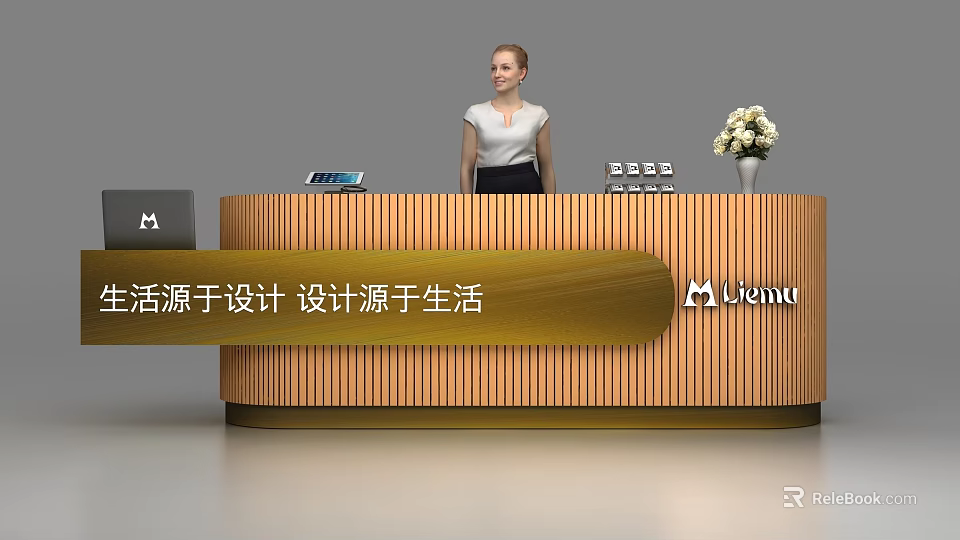 Elegant Wooden Striped Reception Desk With Female Staff Flower Vase And Lizhou Logo 3d model 