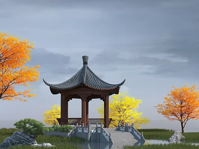 Traditional Chinese Pavilion With Trees Yellow Orange Leaves Small Bridge Over Water Under Gray Sky 3d model