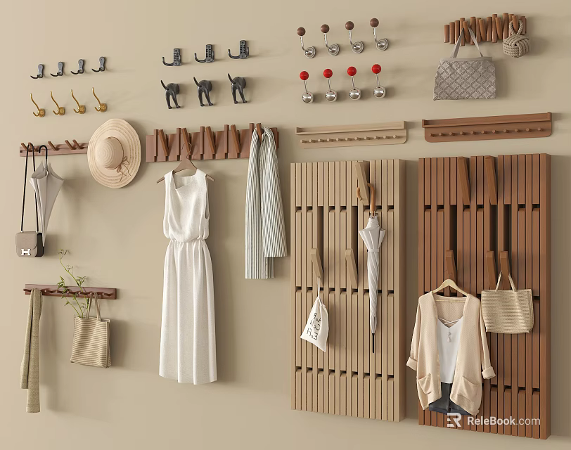 Various Wall Hooks With Different Designs For Hanging Hats Bags Clothes Umbrella In Home 3d model 