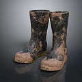 Muddy Rain Boots With Worn Rubber Surface And Dirty Brown Spots Details
