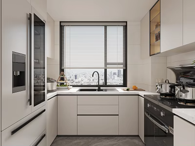 Modern Kitchen Interior With White Cabinets Window City View Sink And Appliances 3d model