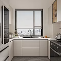 Modern Kitchen Interior With White Cabinets Window City View Sink And Appliances