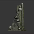 Green Textured Garden Ornament with Unique Geometric Design Featuring Spheres Cylinders and Stepped Structures