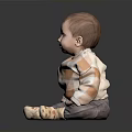 Baby Sitting on Black Reflective Floor Wearing Plaid Sweater Gray Pants and Light Shoes